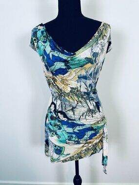 CACHE Vintage Y2K Art Print Draped Cowl Neck Ruched Top Made in USA Size L